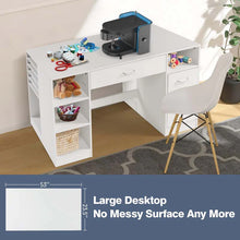 Load image into Gallery viewer, 53" Artwork Sewing Craft Table Sewing Station Desk, Multipurpose Sewing Machine Cabinet with Drawers &amp; Open Storage Shelves