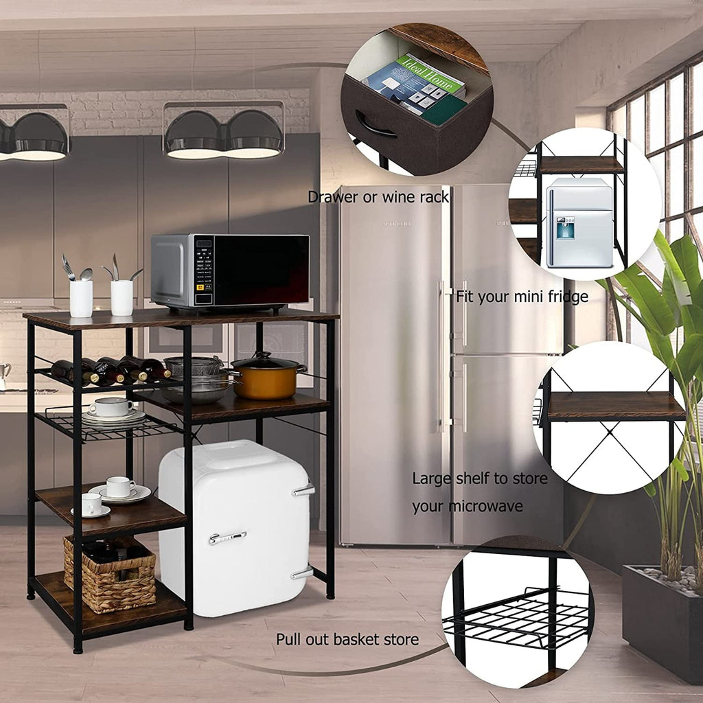 Microwave Stand 4-Tiers Kitchen Storage Fit Mini Fridge Baker¡¯s Rack Shelving Utility Coffee Bar with Big Drawer Wine Rack Metal Frame Industrial Workstation Organizer Kitchen Decor