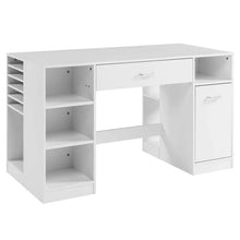 Load image into Gallery viewer, 53" Artwork Sewing Craft Table Sewing Station Desk, Multipurpose Sewing Machine Cabinet with Drawers &amp; Open Storage Shelves