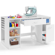 Load image into Gallery viewer, 53" Artwork Sewing Craft Table Sewing Station Desk, Multipurpose Sewing Machine Cabinet with Drawers &amp; Open Storage Shelves