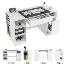 Load image into Gallery viewer, 53" Artwork Sewing Craft Table Sewing Station Desk, Multipurpose Sewing Machine Cabinet with Drawers &amp; Open Storage Shelves